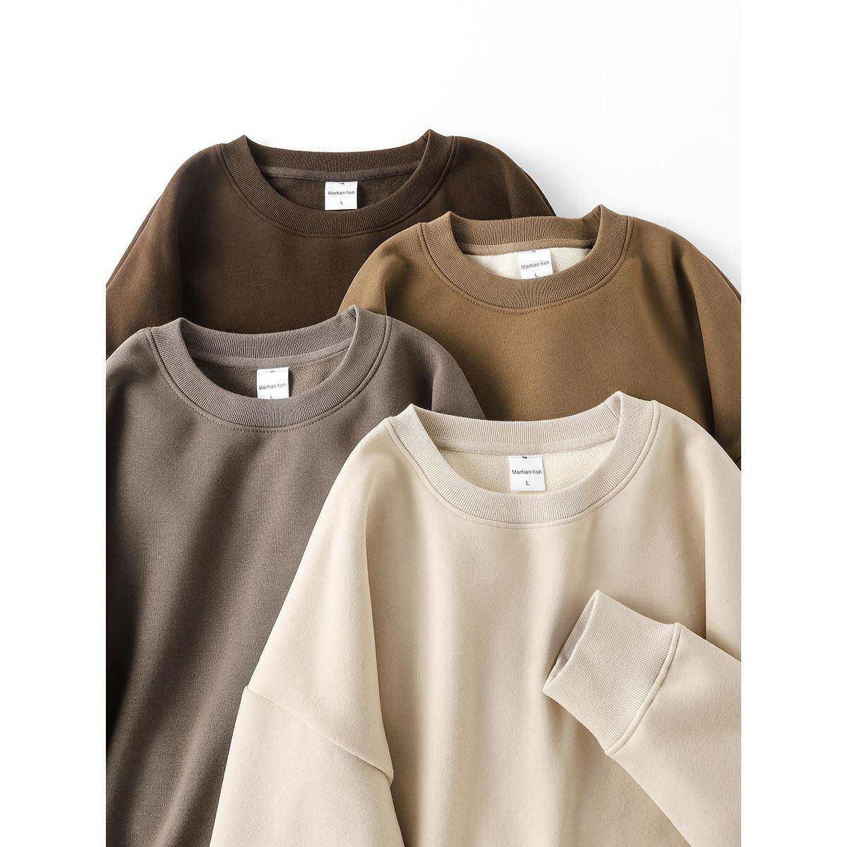 美拉德风450g重磅加绒圆领卫衣女春秋季新款奶茶色宽松休闲上衣男