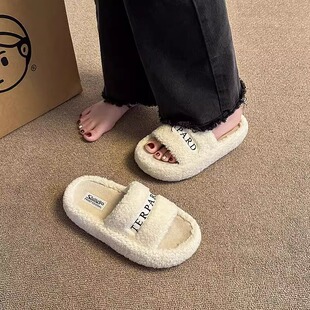 日本代购GP女外穿字母潮鞋秋冬厚底防滑保暖棉拖鞋子羊羔毛绒拖鞋