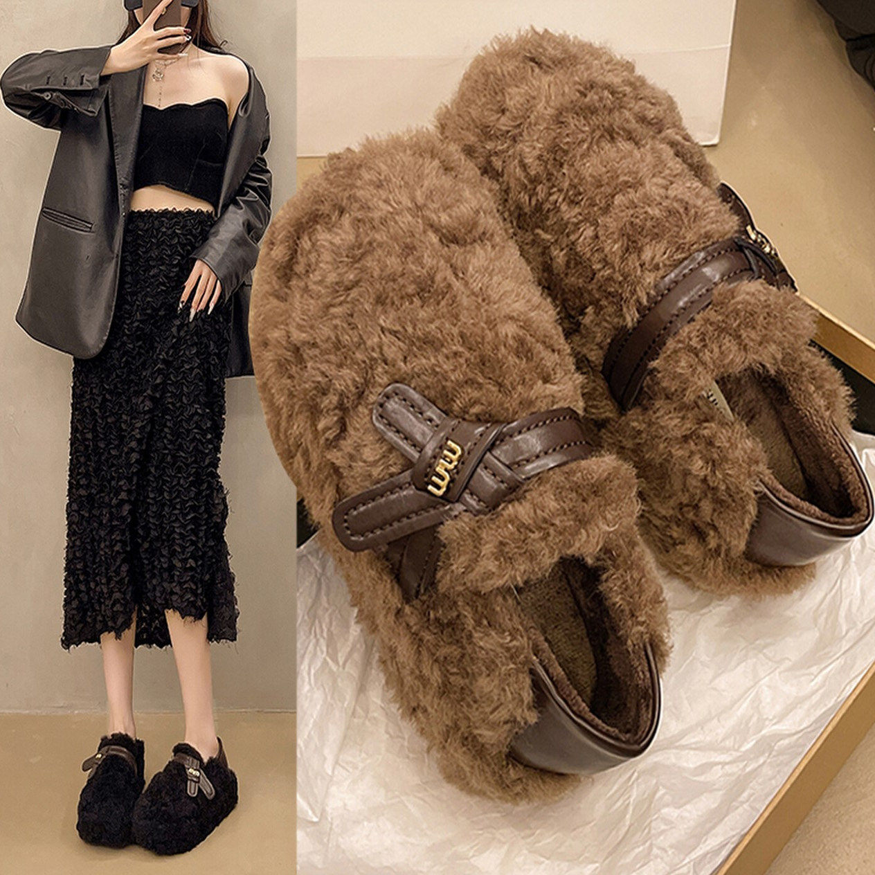 日本代购法式羊羔毛毛鞋女外穿冬季加绒棉鞋厚底百搭一脚蹬豆豆鞋,女鞋,乐福鞋（豆豆鞋）,淘宝优惠券,粉丝福利购,淘宝优惠卷