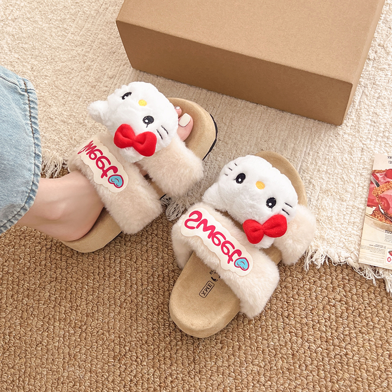 日本代购hellokitty冬季居家可爱毛毛棉拖女厚底防滑保暖卡通拖鞋