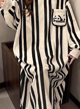 日本代购珊瑚绒女秋冬季加厚条纹睡衣高级感法兰绒简约家居服睡裙