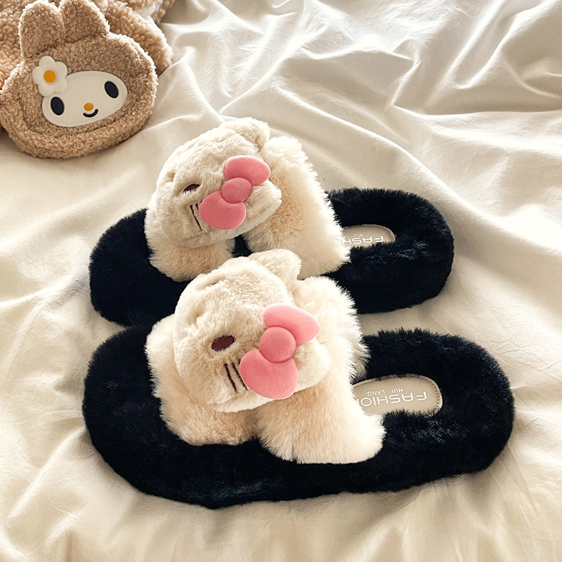 日本代购可爱少女hellokitty秋冬新款外穿居家防滑一字棉毛毛拖鞋