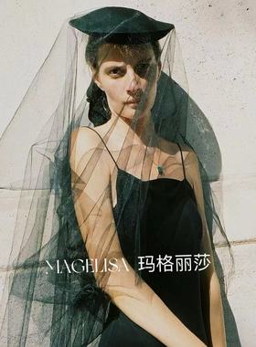 黑色长款素纱遮面婚纱礼服头纱小礼帽头饰造型影楼拍照新娘头纱