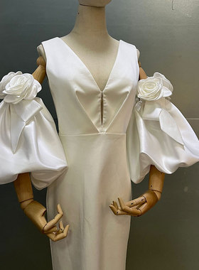 新娘白色婚纱手套手工山茶花黑色礼服手袖抹胸婚纱造型袖子遮手臂