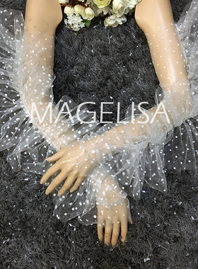 点点网纱长款百折新娘婚纱手套礼服长手套化妆造型手纱手袖黑色
