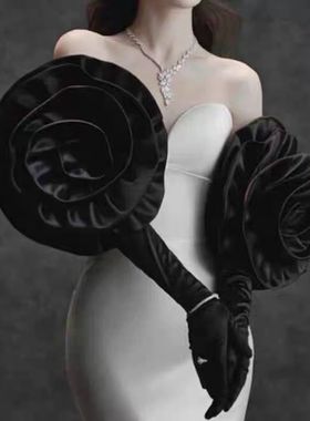 黑色山茶花手工花朵手套礼服婚纱拍照写真化妆造型款花朵手袖