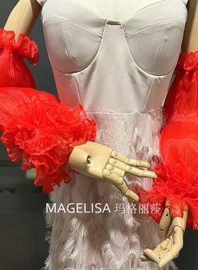 新娘手套红色多层荷叶婚纱礼服纱袖红色手袖配饰抹胸袖子拍照造型