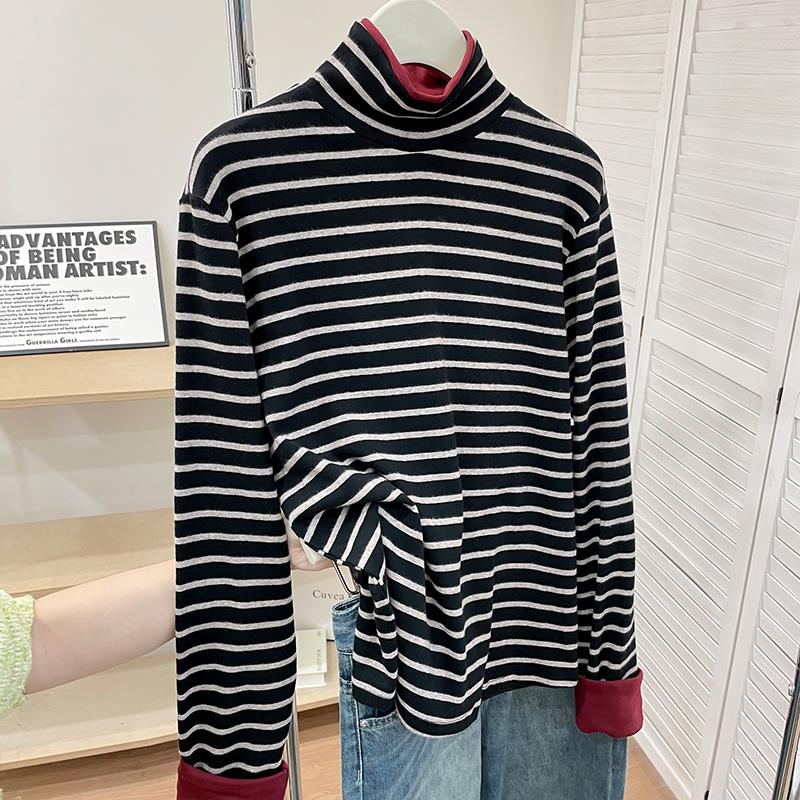 条纹半高领长袖T恤女胖MM显瘦