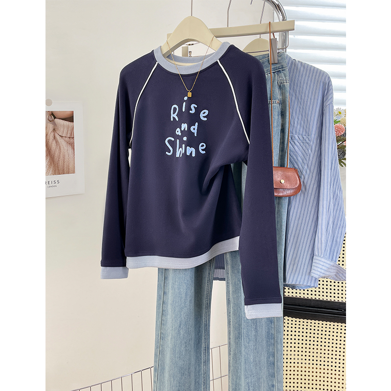 气质撞色圆领长袖双面绒加厚T恤