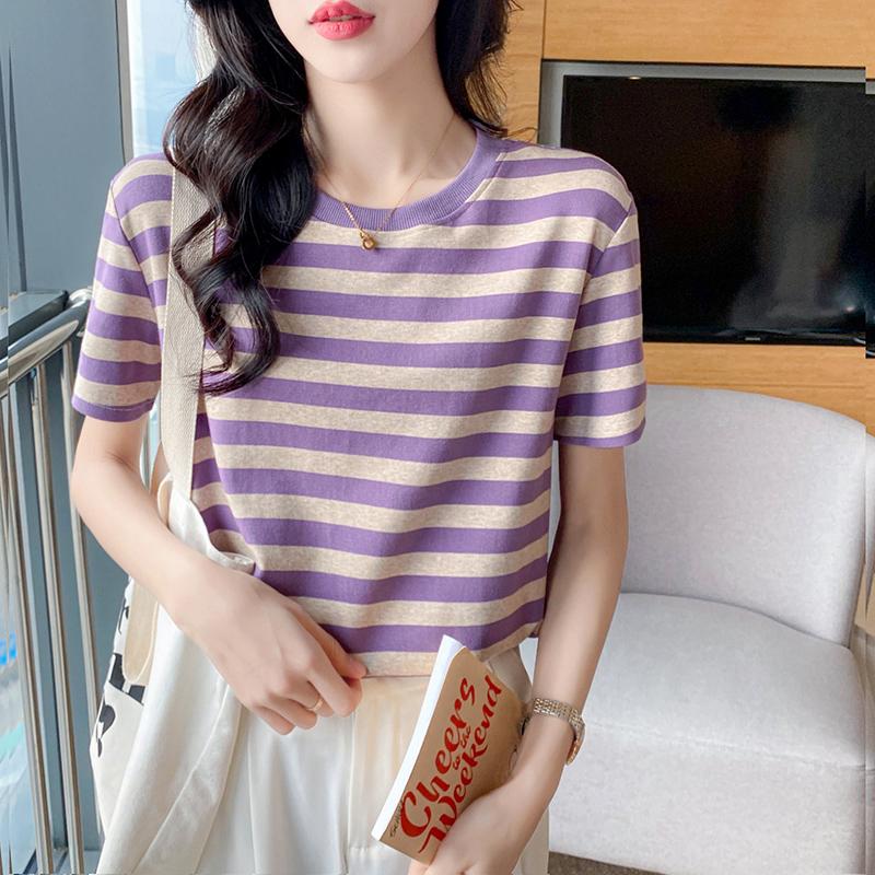 2025夏季新款条纹短袖t恤女宽松显瘦韩版正肩百搭减龄圆领上衣潮