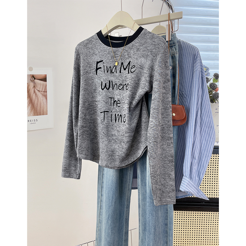 设计感时尚晕染字母植绒长袖打底衫秋冬保暖显瘦女装内搭上衣ins