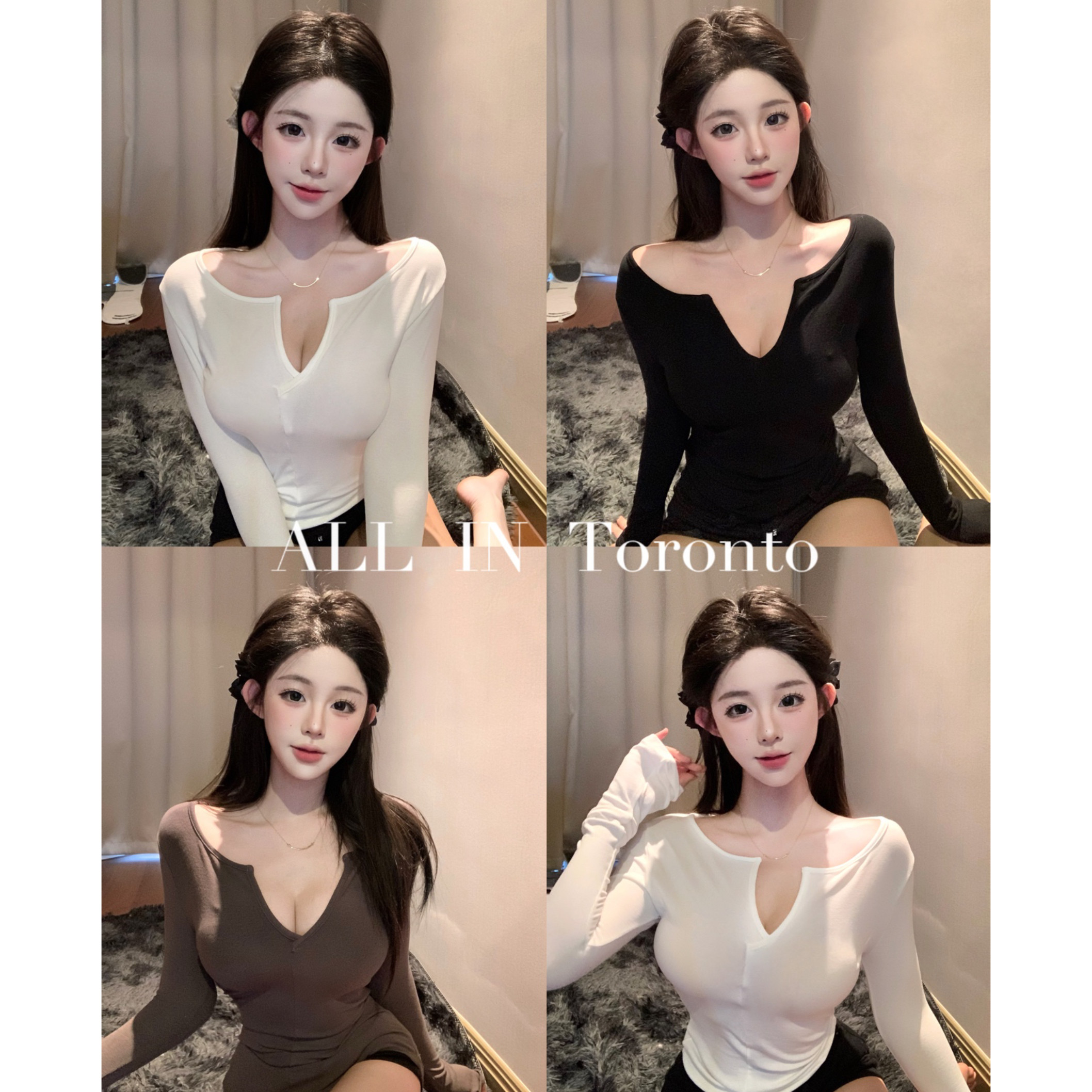 ALLIN白色V领长袖T恤女早秋新款纯欲风修身显瘦性感百搭打底上衣