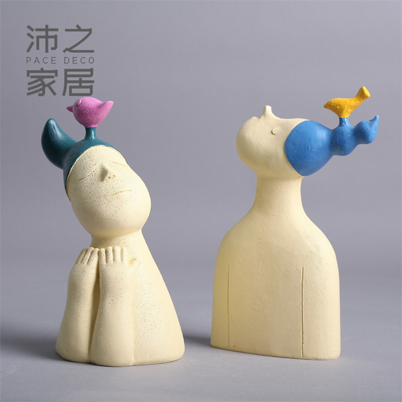 现代简约艺术人物雕塑仰望天空听鸟样板间女孩房客厅装饰新居送礼