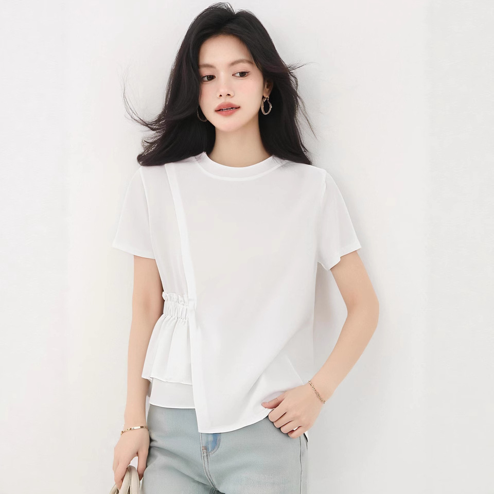 2025夏季新款韩系个性不规则绑带收腰圆领套头白色短袖纯棉T恤女