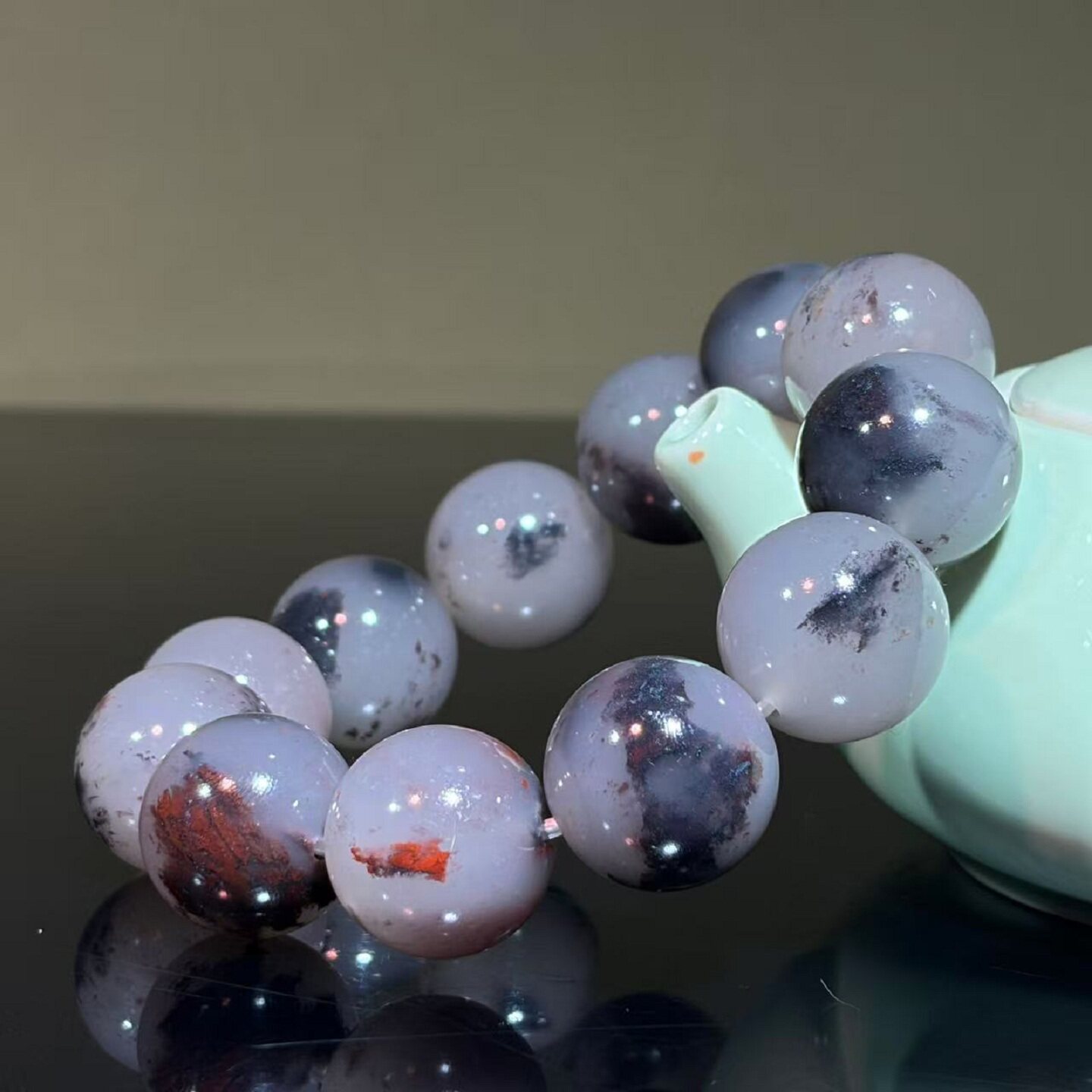 桂林鸡血玉口子水墨意境圆珠19手串玉质细腻精品送礼收藏佩戴男款