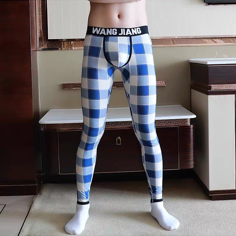 男士秋裤单件保暖青年潮流格子印花棉毛裤线裤修身衬裤薄款打底裤
