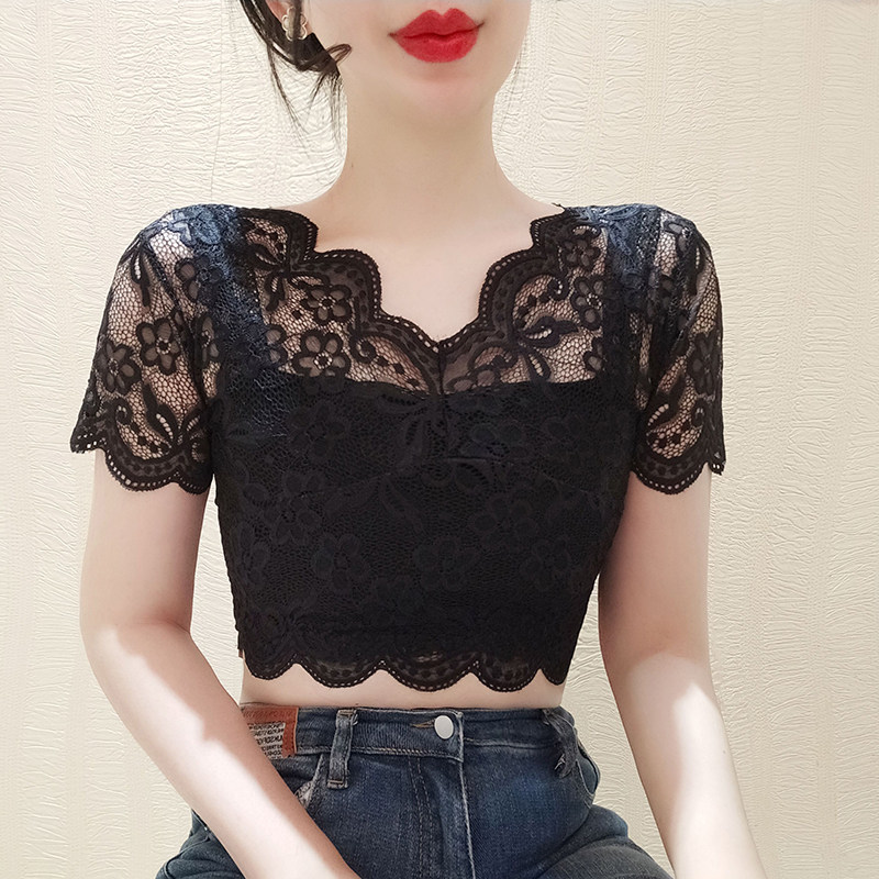 蕾丝假领子女夏天薄打底衫百搭V领短袖配吊带裙内搭洋气蕾丝上衣图片