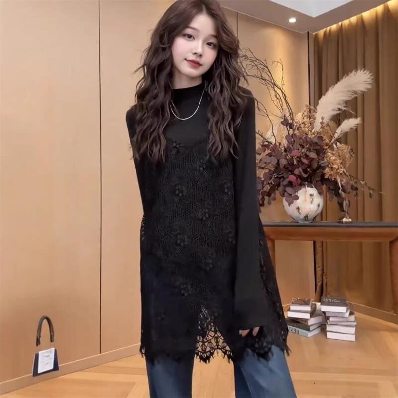大码女装屁帘遮胯中长款蕾丝吊带背心裙早春胖mm显瘦叠穿打底上衣图片