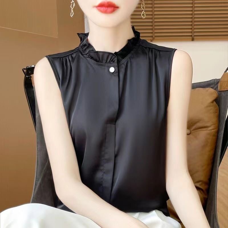 【现货】时尚花边背心女打底宽松内搭小西装夏无袖木耳边坎肩上衣