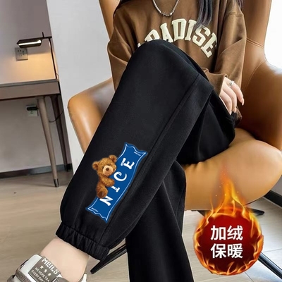 休闲裤女冬季新款宽松束脚小个子大码灯笼裤潮流加绒加厚运动卫裤