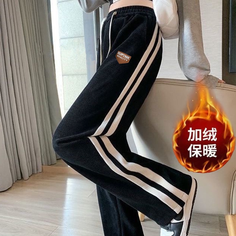 尾货处理运动裤女灯芯绒休闲裤秋冬款加绒加厚直筒条纹阔腿长裤子