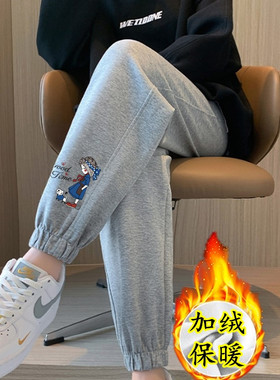加绒加厚运动裤女秋冬款束脚卫裤2024新款休闲裤小个子外穿灯笼裤