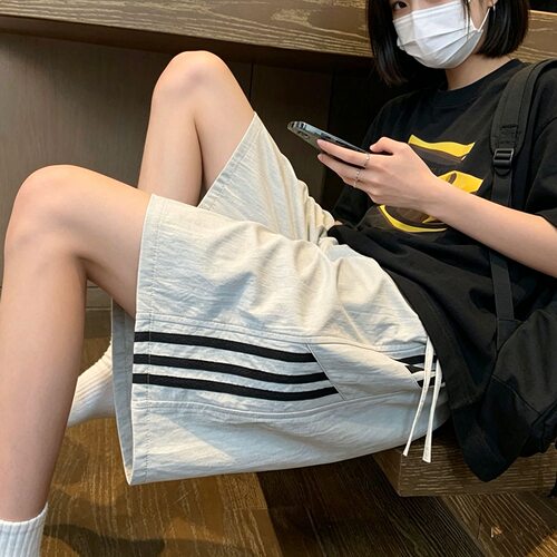冰丝五分休闲裤子女款夏季薄款宽松直筒中裤撞色条纹潮流运动短裤