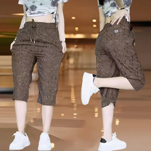 女士夏季 直筒潮流冰丝七分中裤 薄款 胖mm弹力百搭休闲裤 大码 运动裤