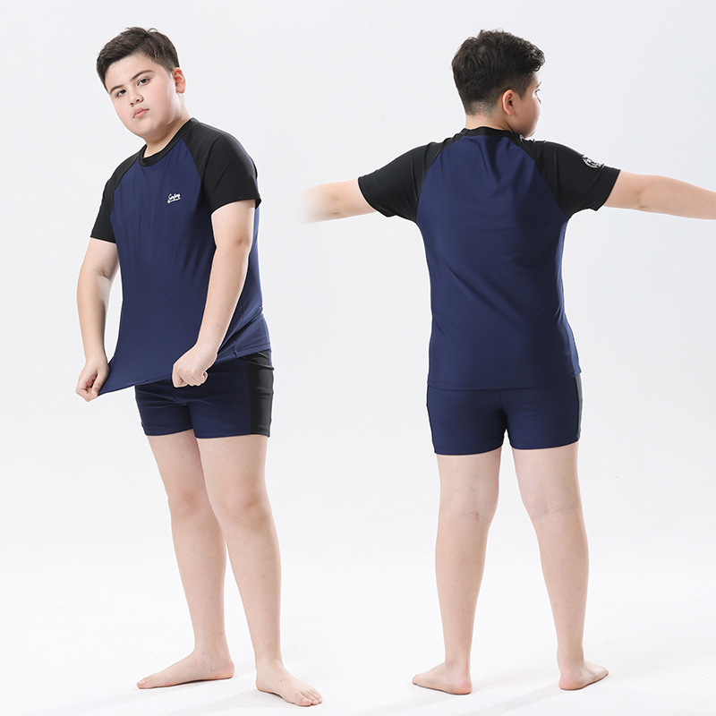 男童泳衣2025新款大码纯色分体夏季中大童泳装宽松学生胖儿童泳衣