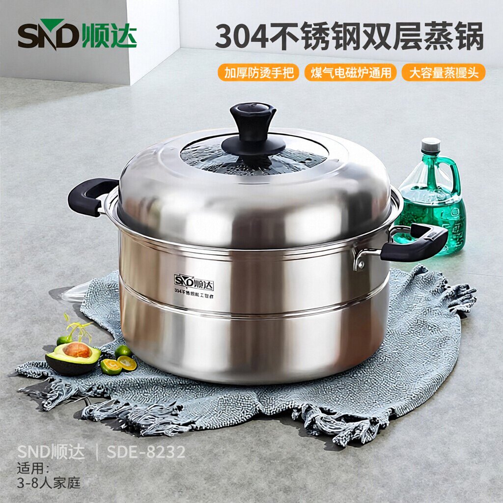 顺达蒸锅家用304不锈钢双层加厚蒸馒头蒸笼大容量煤气电磁炉通用