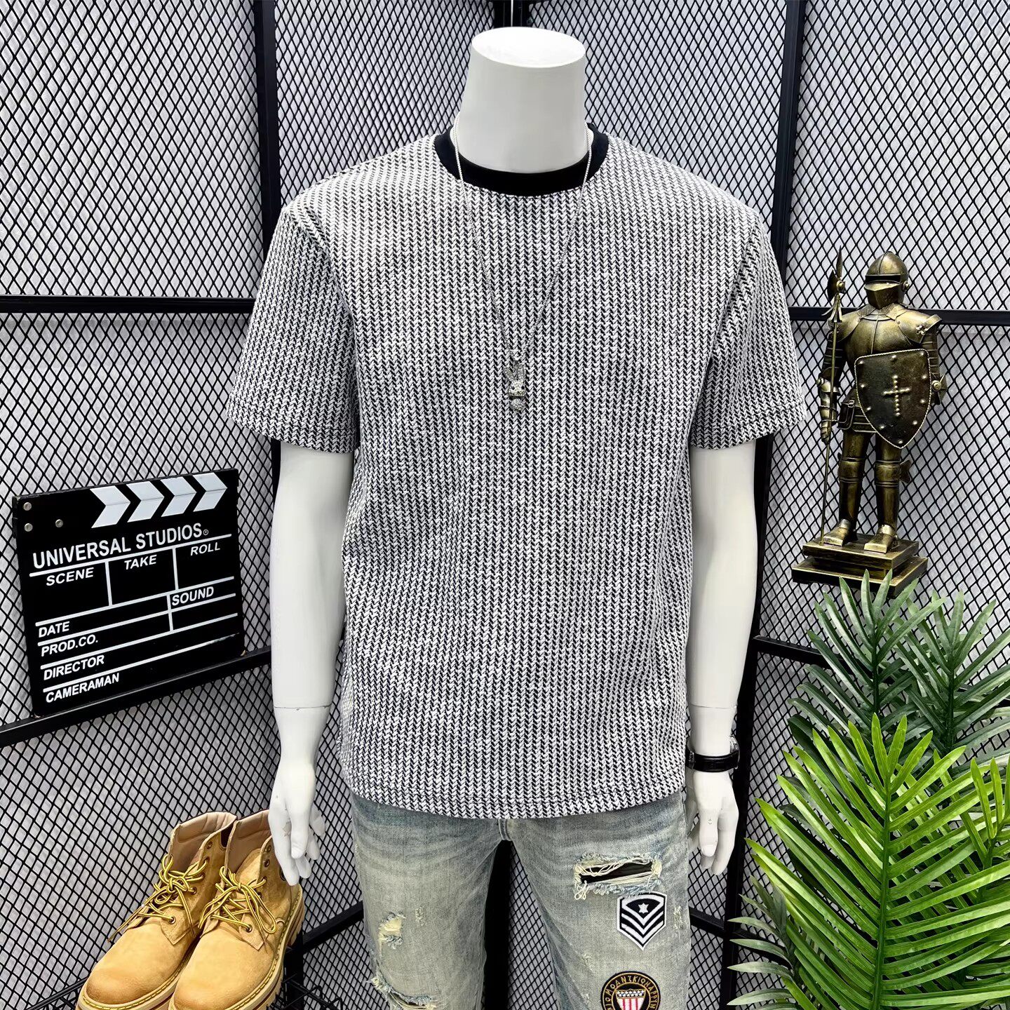 高级感撞色千鸟格圆领男士短袖T恤夏季老钱风宽松潮流时尚上衣潮