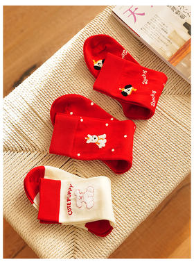 Himade红色新年拜年袜子女长筒秋冬搭配鲨鱼裤可外穿圣诞袜中筒袜