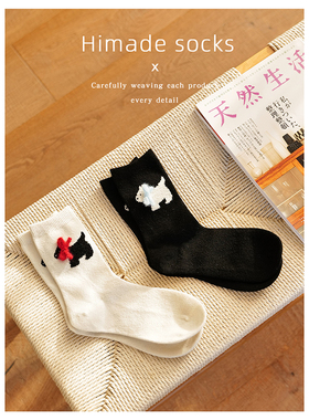 Himade可爱蝴蝶结绵羊毛中筒袜子女秋冬季加厚保暖长袜灰色堆堆袜