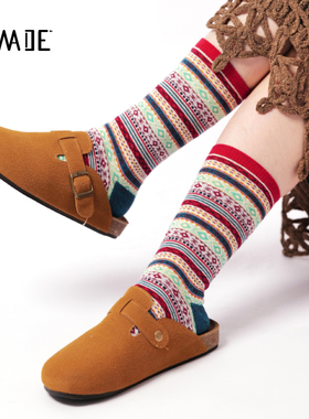 Himade美式复古秋冬情侣袜费尔岛民族风红色长袜女阿美咔叽中筒袜