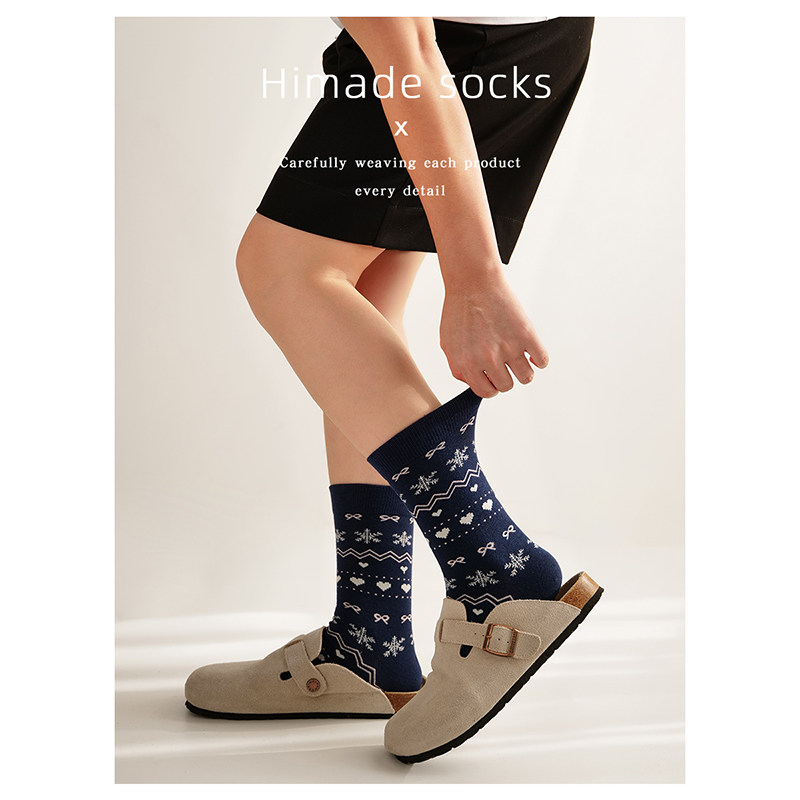 Himade socks韩系深蓝色中筒袜子女费尔岛圣诞袜红色复古条纹长袜