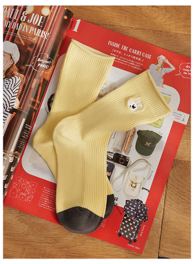 Himade中筒袜子刺绣卡通长袜女日系竖条纹黄色可爱小兔子无骨棉袜