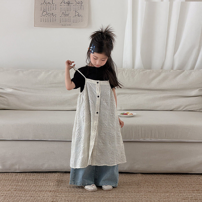 女童韩版简约短袖T恤洋气吊带裙三件套春夏季休闲百搭牛仔裤套装
