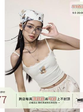 NGOO 甜妹小熊印花蕾丝吊带背心女秋季性感纯欲修身短款上衣