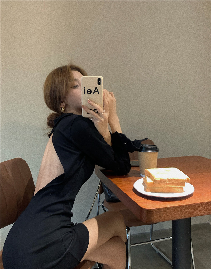 Real shot real price sexy slim fit open back breasted long sleeve T-shirt dress