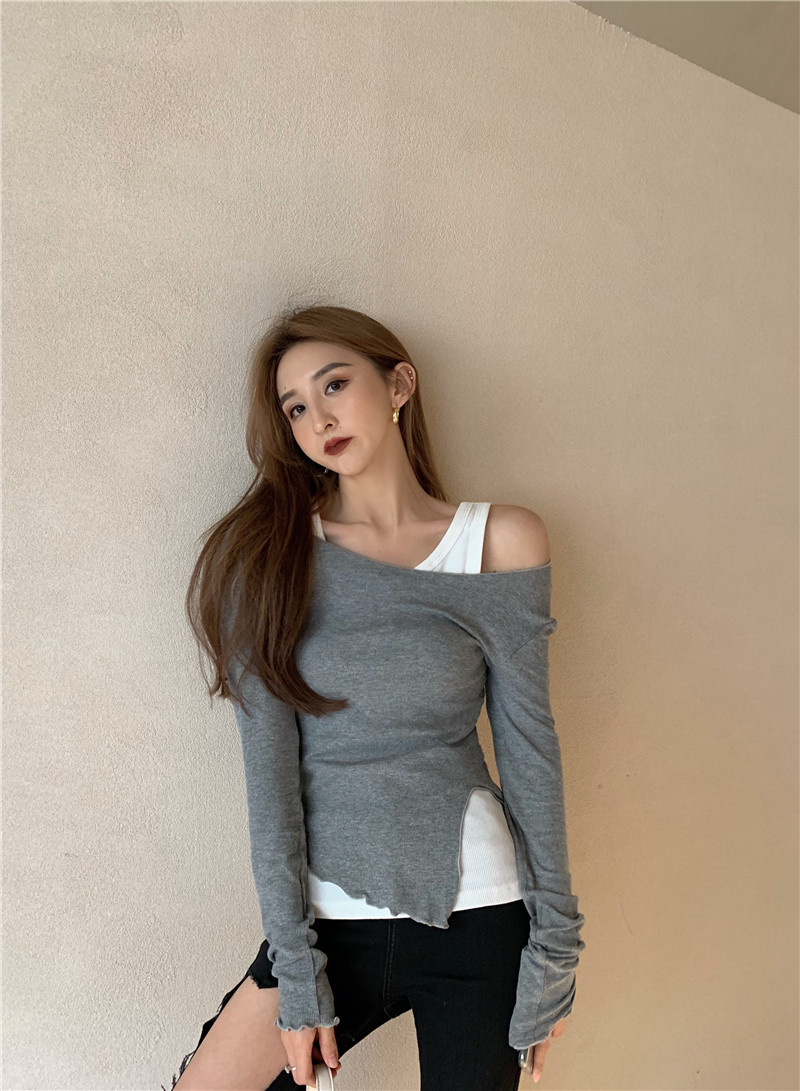 Real time shooting without reducing the appearance of thin long sleeve round neck tight T-Shirt Top + white vest