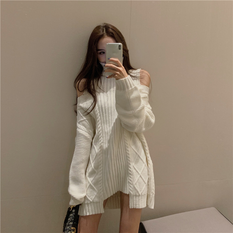 Real photo control super off shoulder high neck sexy lazy knitting sweater dress rework