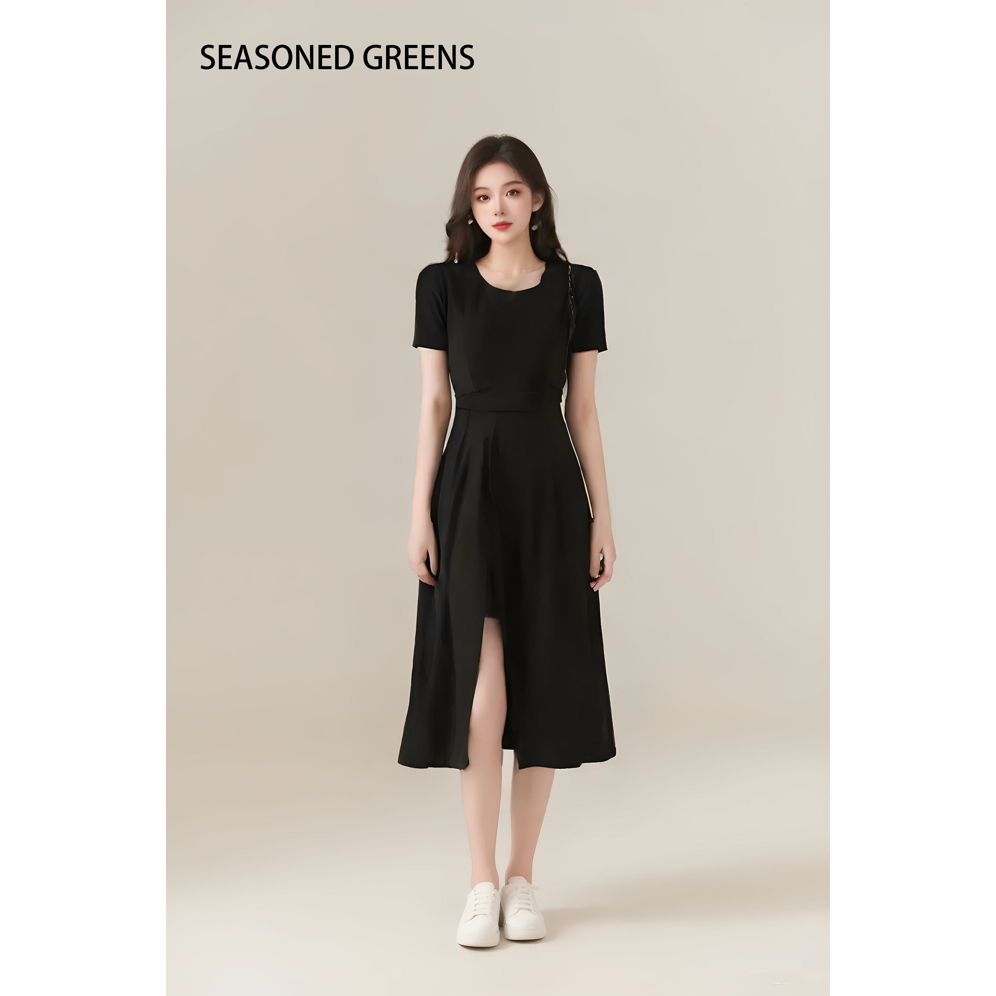 大码女装显瘦方领斜纹收腰连衣裙