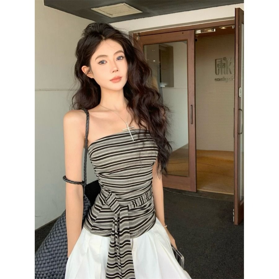 条纹绑带抹胸背心女夏季