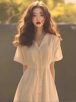 法式氣質(zhì)白色短袖連衣裙子女夏季新款廳里廳氣收腰顯瘦不透長裙子