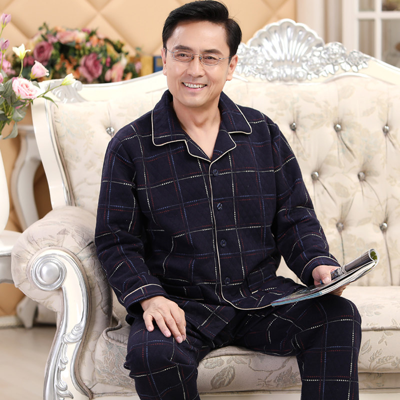 爸爸秋冬款薄夹棉睡衣老年人男士夹层空气棉春秋季开衫家居服套装