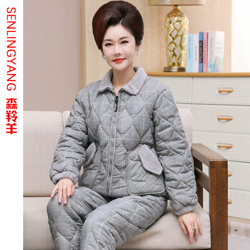 【棱织纯棉夹棉】冬天妈妈三层全棉保暖棉袄睡衣加厚加绒拉链套装,女士内衣/男士内衣/家居服,睡衣/家居服套装,淘宝优惠券,粉丝福利购,淘宝优惠卷