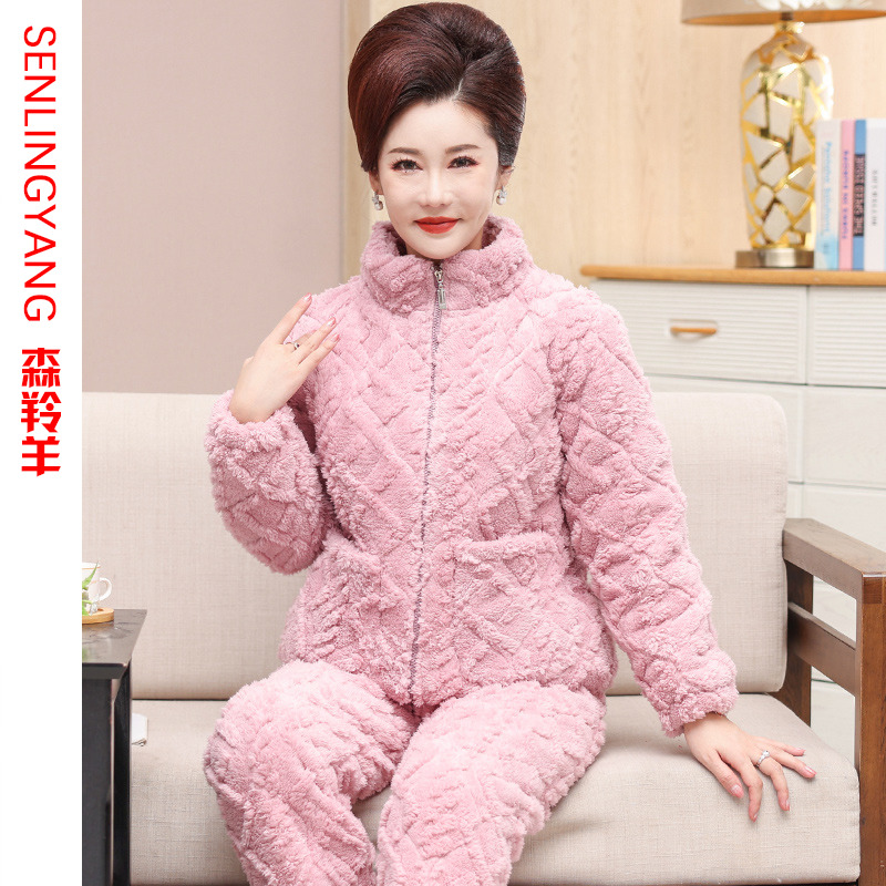 可外穿中年女士珊瑚绒夹棉睡衣冬