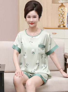 中年妈妈夏季冰丝睡衣休闲女士短袖短裤丝绸薄款可外穿家居服套装