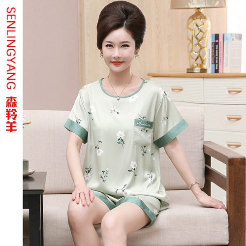 夏天中年人妈妈短袖丝绸冰丝睡衣