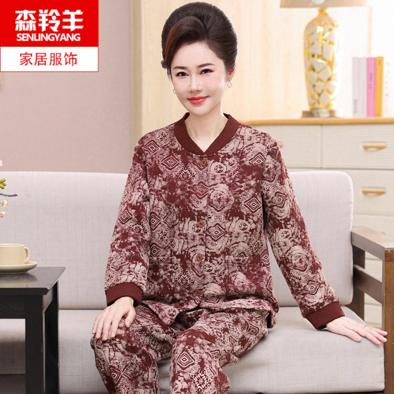 中老年纯棉睡衣女秋冬款空气棉夹层加厚中年人妈妈保暖家居服套装